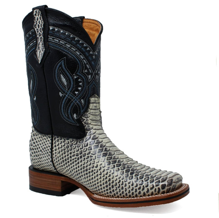 Men's Python Print Leather Square Toe Boots - Natural - 6