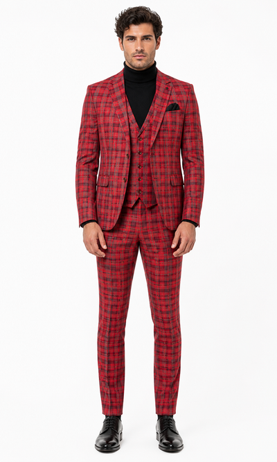 Mens Red and Grey Plaid 3-Piece Suit with Vest - Modern Fit Peak Lapel By Dominique Wilson