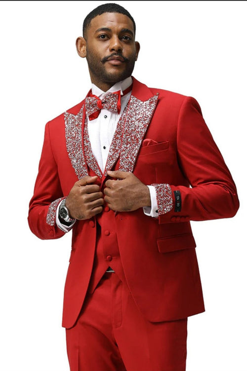 Mens Red And White Lapel Three-Piece Tuxedo with Sequin Lapel and Matching Bow Tie - Chirstmas Suit