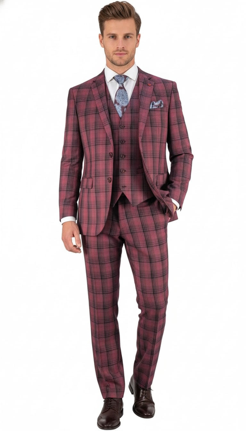Modern Fit - Mens Red Burgundy Plaid 3-Piece Suit Classic Checkered Modern Fit Suit for Weddings, Church and Formal Events