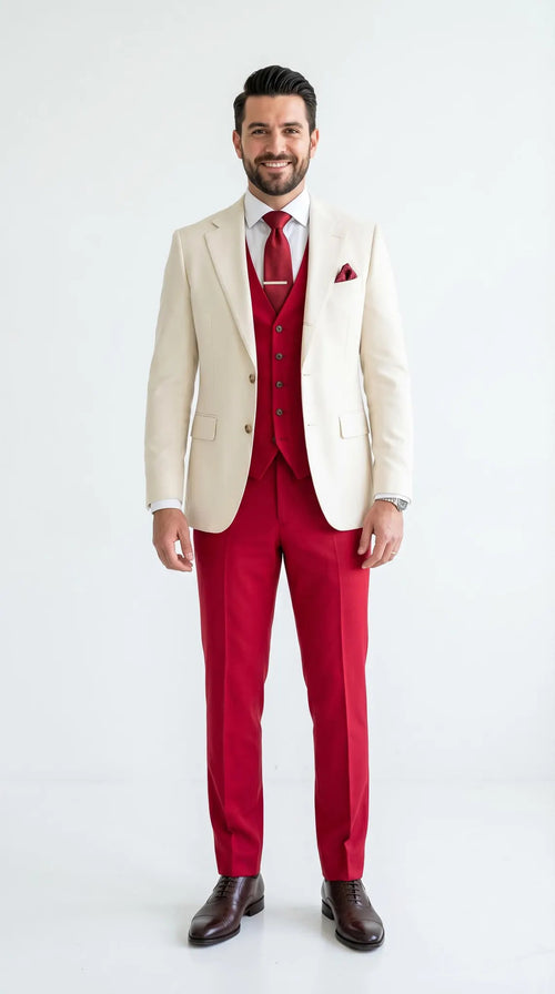 Men's Cream and Red 3 Piece Suit β Cream Blazer, Red Vest Suit and Red Pants