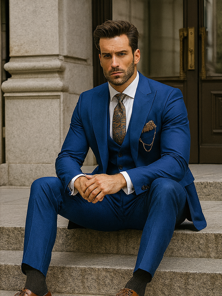 Sharp Royal Blue Slim Fit Suit for Men – Wedding & Business Attire - 58 Long or 58 Regular Jacket+52/54 Adjustable Pants (Fabric: poly/rayon blend)