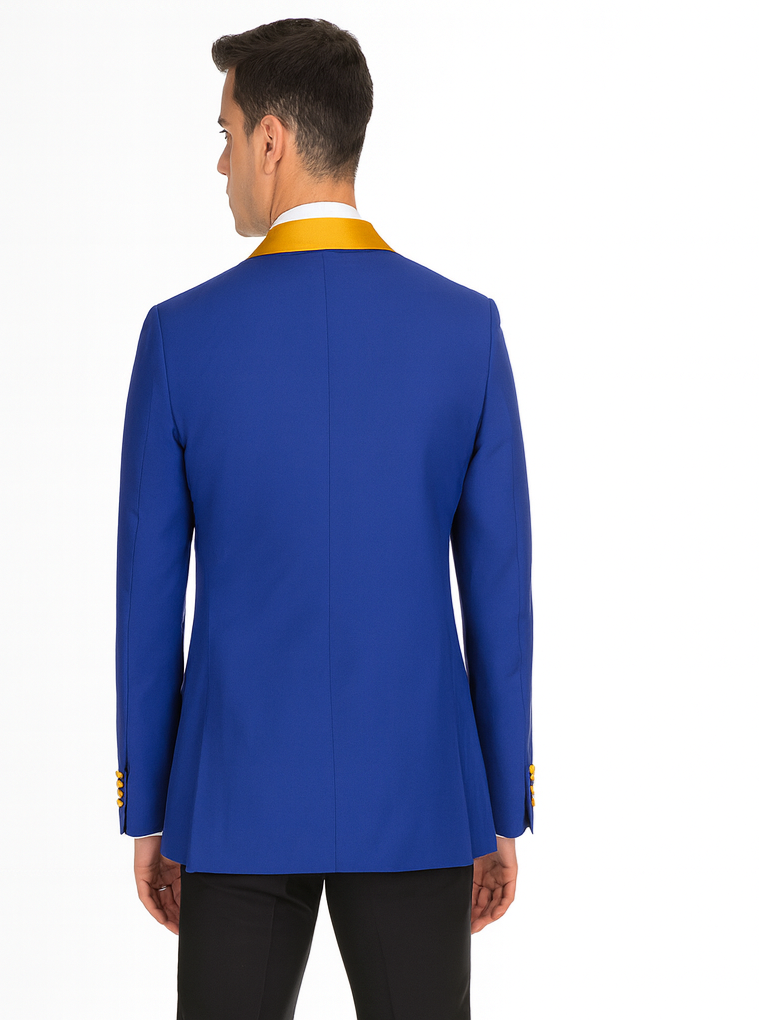 Mens Royal Blue Prom 2025 Tuxedo - Mens One Button Contrast Shawl Collar Dinner Jacket Royal Blue & Gold - 52 Long