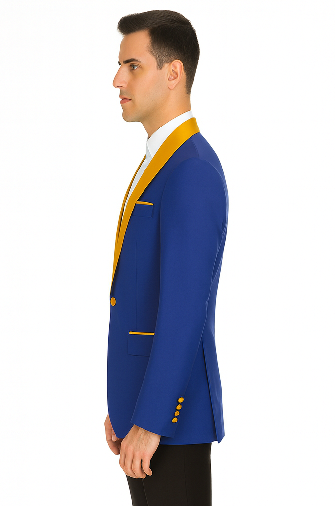 Mens Royal Blue Prom 2025 Tuxedo - Mens One Button Contrast Shawl Collar Dinner Jacket Royal Blue & Gold - 52 Long
