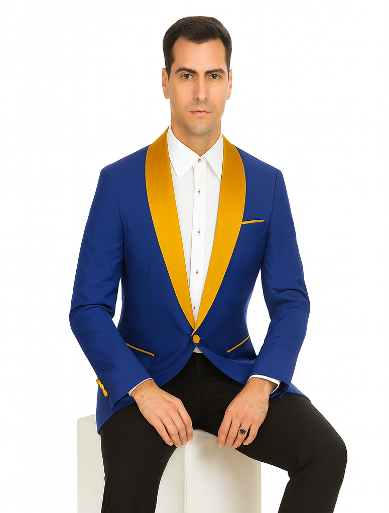 Mens Royal Blue Prom 2025 Tuxedo - Mens One Button Contrast Shawl Collar Dinner Jacket Royal Blue & Gold - 52 Long