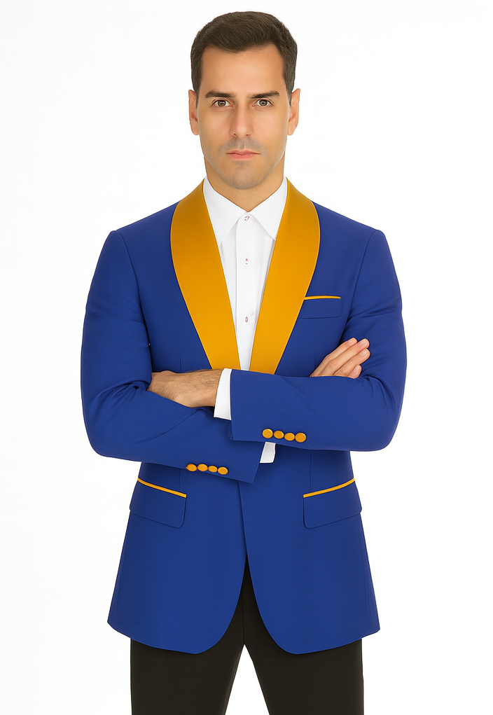 Mens Royal Blue Prom 2025 Tuxedo - Mens One Button Contrast Shawl Collar Dinner Jacket Royal Blue & Gold - 52 Long