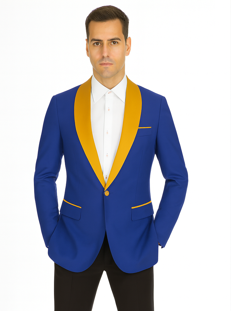 Mens Royal Blue Prom 2025 Tuxedo - Mens One Button Contrast Shawl Collar Dinner Jacket Royal Blue & Gold - 52 Long