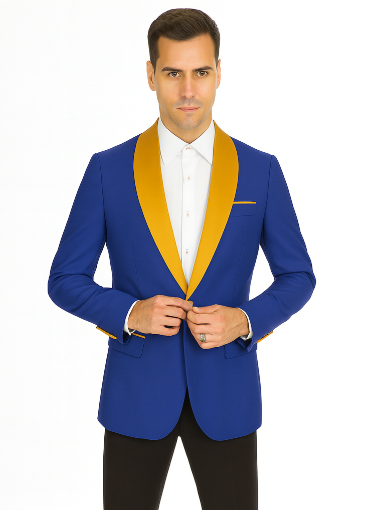 Mens Royal Blue Prom 2025 Tuxedo - Mens One Button Contrast Shawl Collar Dinner Jacket Royal Blue & Gold - 52 Long