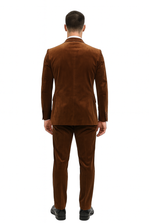 Mens Brown Velvet 2-Piece Suit Luxury Slim Fit Formal Blazer and Pants Set in Rust Copper Color