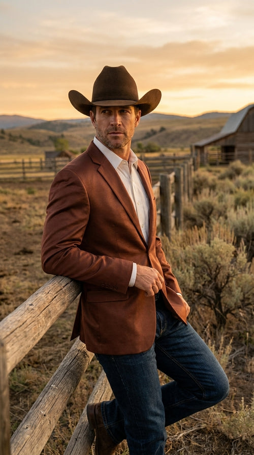 Mens Rust Light Brown Shiny Western Blazer – Cowboy Style Formal Sport Coat Jacket in Copper Color Slim Fitted