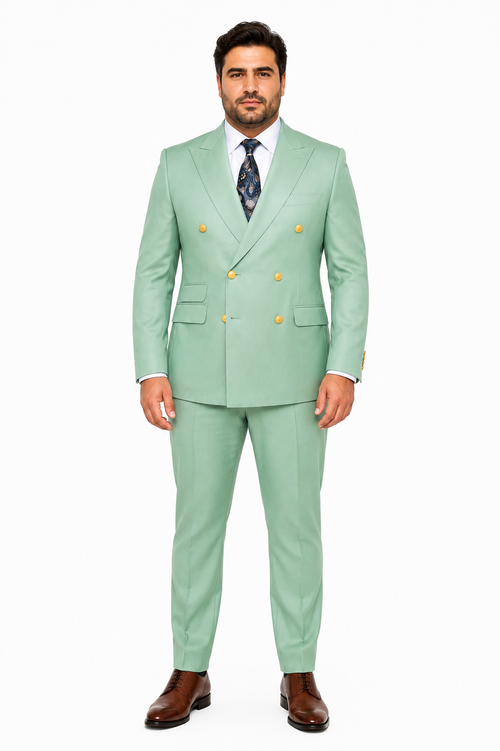 Mens Sage Green Double-Breasted Suit with Gold Buttons Formal Slim Fit 2-Piece Pistachio Color