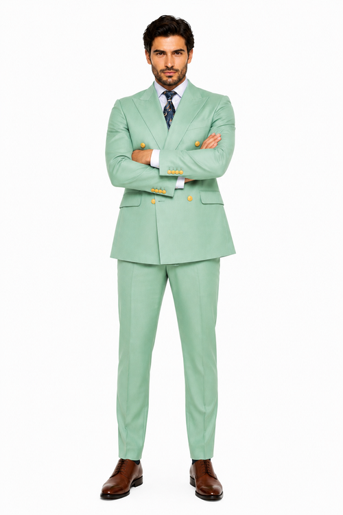 Mens Sage Green Double-Breasted Suit with Gold Buttons Formal Slim Fit 2-Piece Pistachio Color