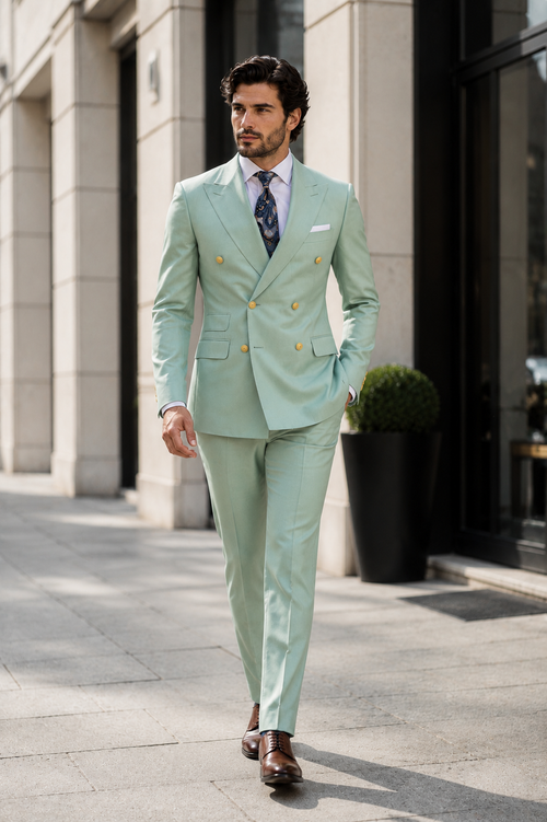 Mens Sage Green Double-Breasted Suit with Gold Buttons Formal Slim Fit 2-Piece Pistachio Color
