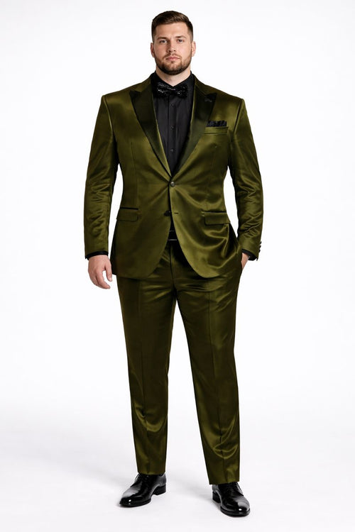 Mens Shiny Blazer - Olive Green Sateen Vested Suit-New Designer Collection