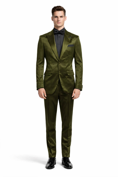 Mens Shiny Blazer - Olive Green Sateen Vested Suit-New Designer Collection