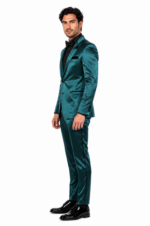 Mens Shiny Blazer - Teal Blue Sateen Vested Suit