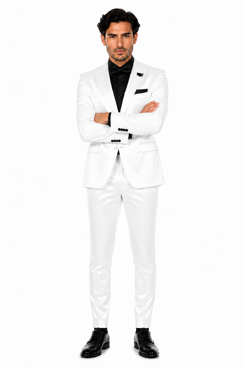 Mens Shiny Blazer - White Sateen Vested Suit