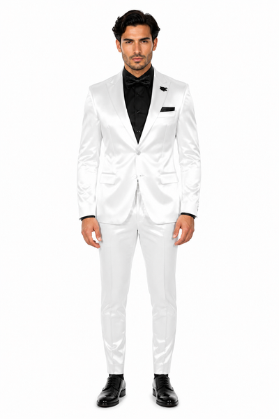 Mens Shiny Blazer - White Sateen Vested Suit