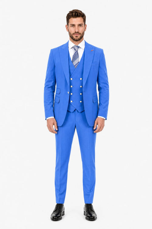 Men's Sky Blue Statement Ticket Pocket Peak Lapel Wool Double Breasted Vest Suit with Silver Buttons – Modern Fit