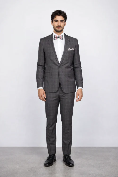 Mens Slim Fit Charcoal Plaid Suit by Rossiman Rossi 1-Button Jacket & Tapered Pants