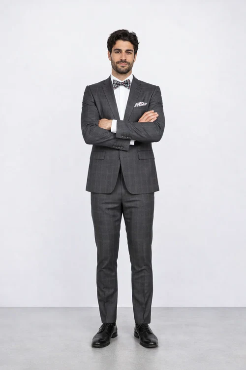 Mens Slim Fit Charcoal Plaid Suit by Rossiman Rossi 1-Button Jacket & Tapered Pants