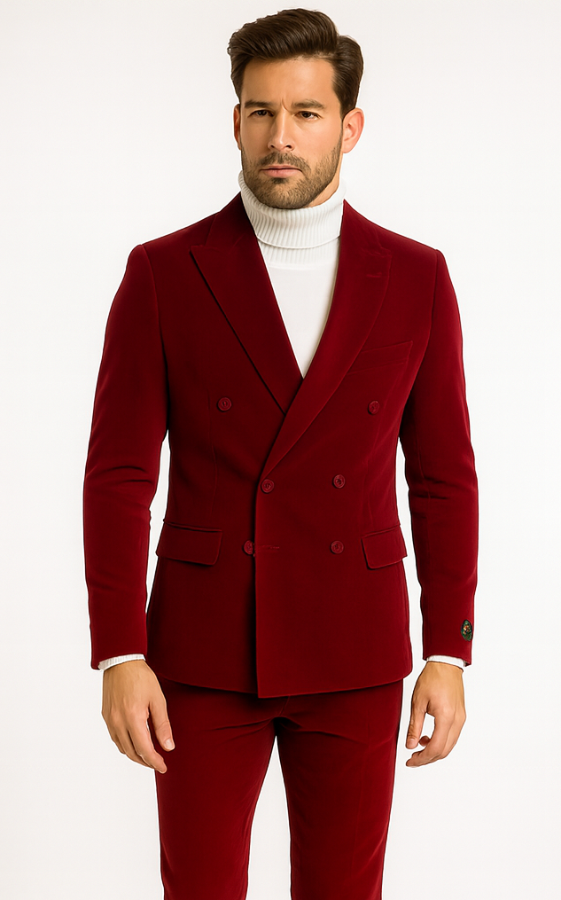 Mens Slim Fit Red Velvet Double Breasted Suit with Peak Lapel – Formal Tuxedo Style - New Arrival - 34 Short or Extra Small