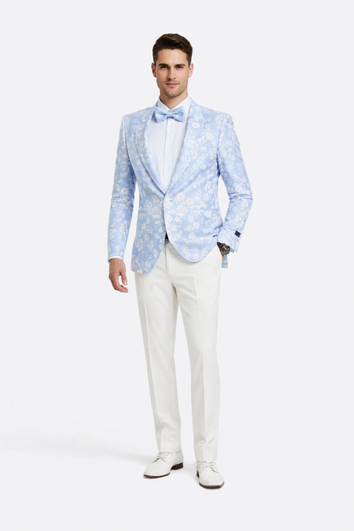 Men's slim fit sky blue & silver paisley foil print tuxedo dinner jacket for prom & wedding