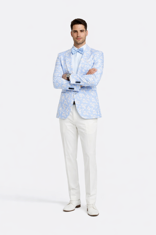 Men's slim fit sky blue & silver paisley foil print tuxedo dinner jacket for prom & wedding