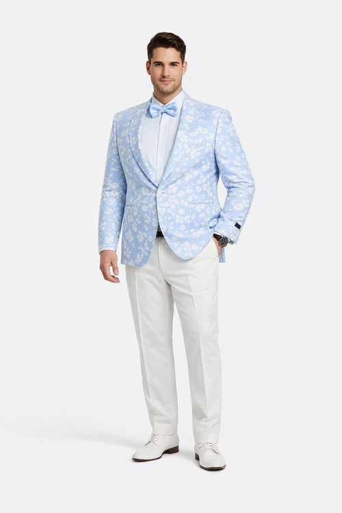 Men's slim fit sky blue & silver paisley foil print tuxedo dinner jacket for prom & wedding