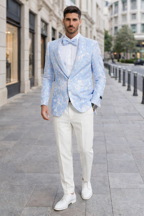 Men's slim fit sky blue & silver paisley foil print tuxedo dinner jacket for prom & wedding