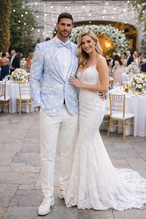 Men's slim fit sky blue & silver paisley foil print tuxedo dinner jacket for prom & wedding