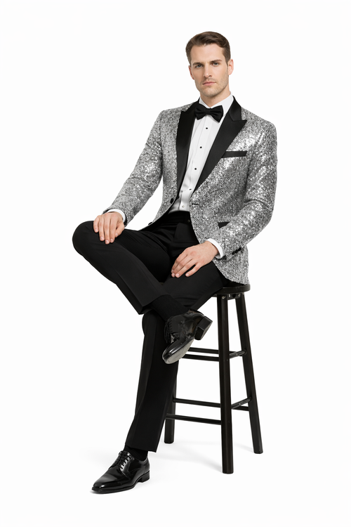 Mens Sparkling Silver Sequin Tuxedo Black Satin Lapel-New Designer Collection