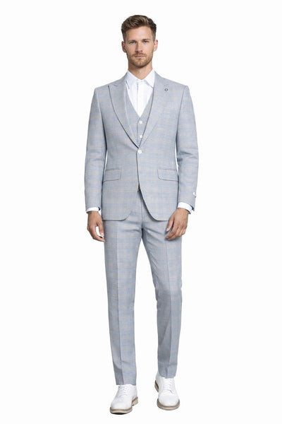 Men's Stacy Adams Vested Peak Lapel Baby Blue Plaid Prom & Wedding Suit