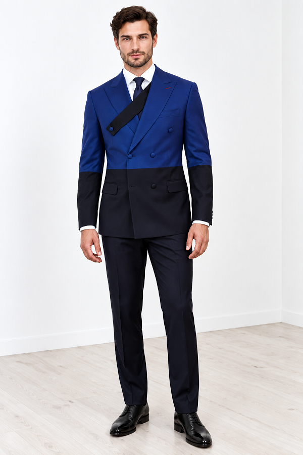 Mens Statement 100% Wool Modern Fit Double Breasted Suit - Two Tone Jacket in Many Colors