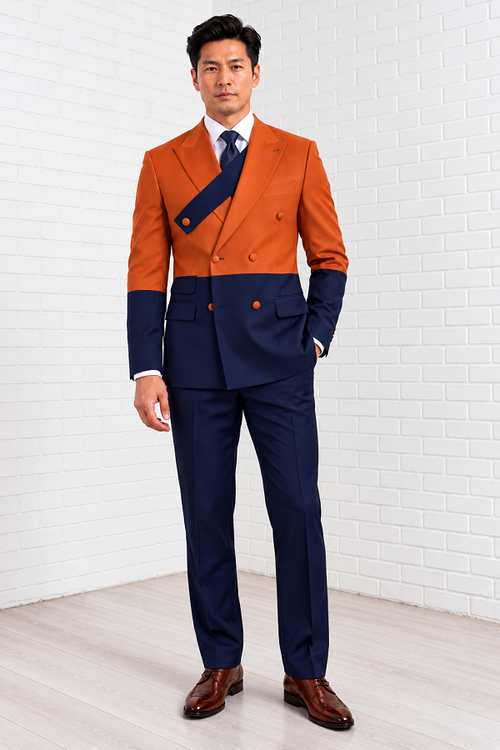 Mens Statement 100% Wool Modern Fit Double Breasted Suit - Two Tone Jacket in Many Colors