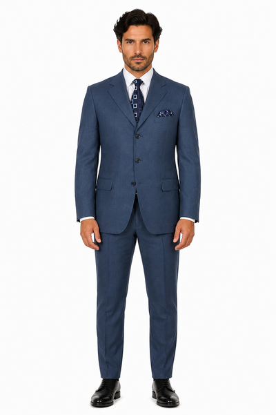Mens Steel Blue 3-Button Classic Suit Formal Business Attire with Vest, Tie and Pocket Square