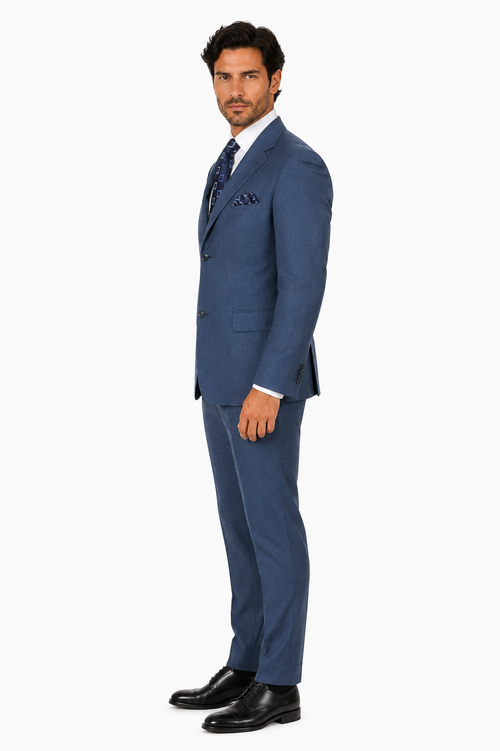 Mens Steel Blue 3-Button Classic Suit Formal Business Attire with Vest, Tie and Pocket Square
