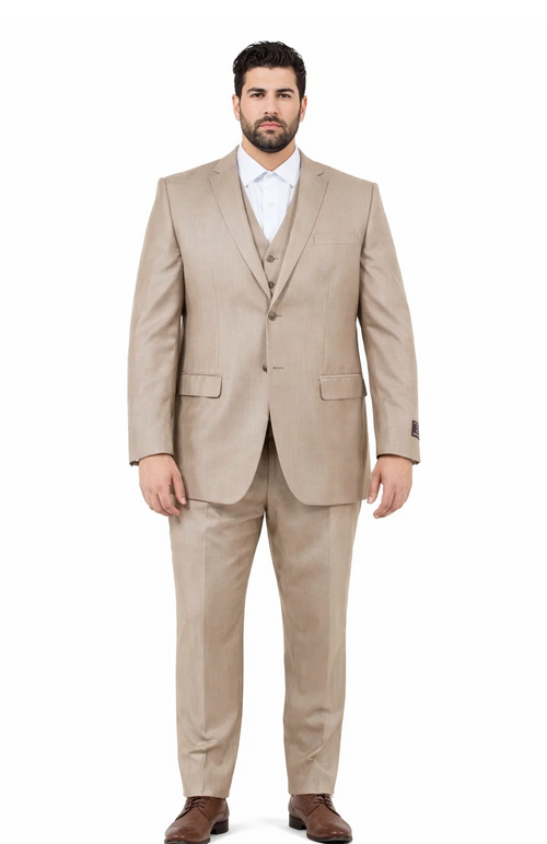Mens Stone Tan Sharkskin 3 Piece Single Breasted Suit