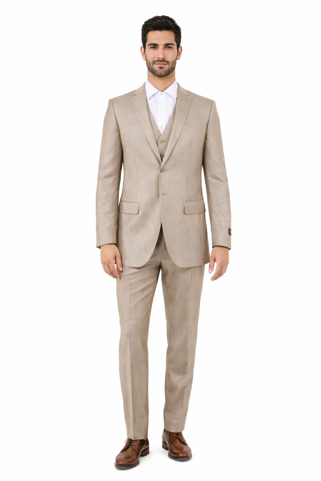 Mens Stone Tan Sharkskin 3 Piece Single Breasted Suit