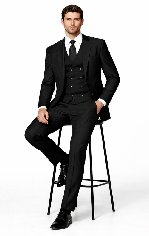 Mens Suits With Double Breasted Vest - Black Peak Lapel Suits - Ticket Pocket - With Gold Buttons - Slim Fitted