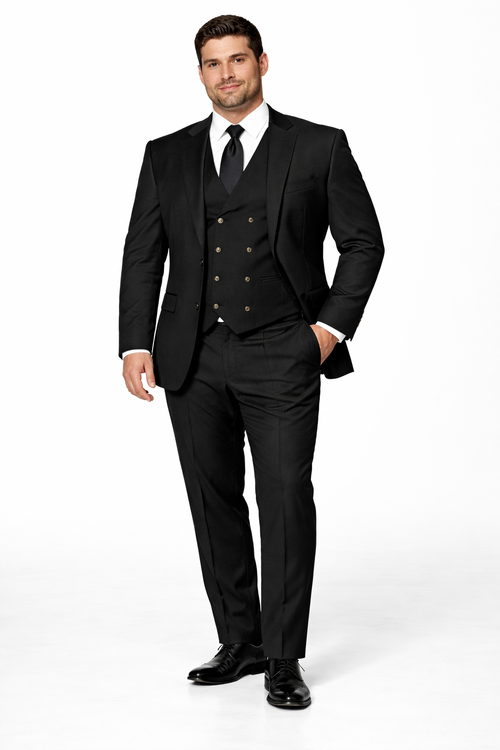 Mens Suits With Double Breasted Vest - Black Peak Lapel Suits - Ticket Pocket - With Gold Buttons - Slim Fitted