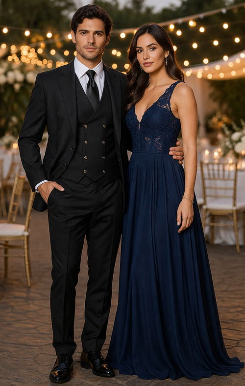 Mens Suits With Double Breasted Vest - Black Peak Lapel Suits - Ticket Pocket - With Gold Buttons - Slim Fitted