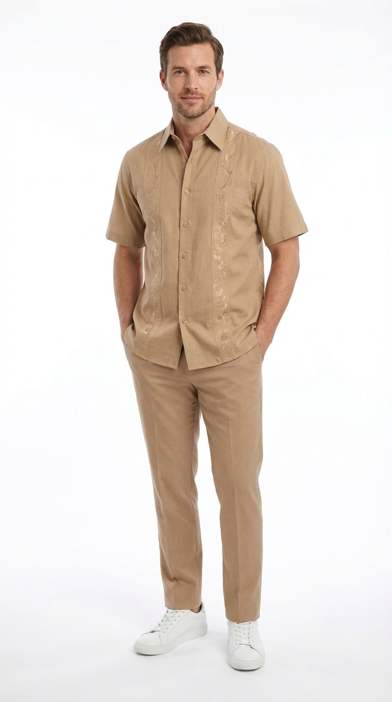 Mens Tan Embroidered Walking Suit Set – Short Sleeve Shirt and Pants Casual Summer Outfit for Vacation, Beach in khaki Beige Color