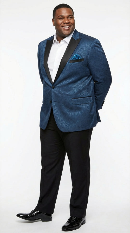 Mens Teal Blue Jacquard Paisley Blazer β Black Peak Lapel Formal Dinner Jacket Slim Fit