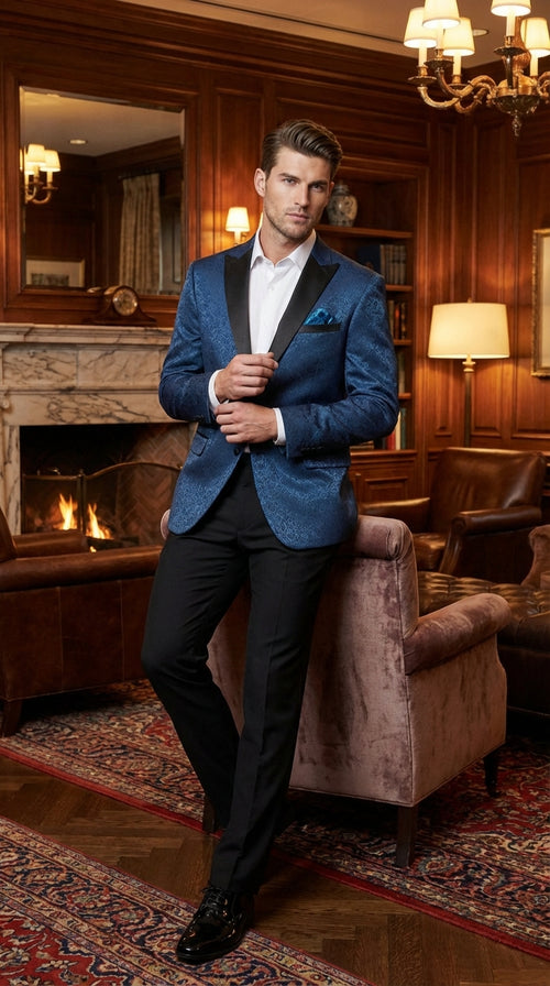Mens Teal Blue Jacquard Paisley Blazer β Black Peak Lapel Formal Dinner Jacket Slim Fit