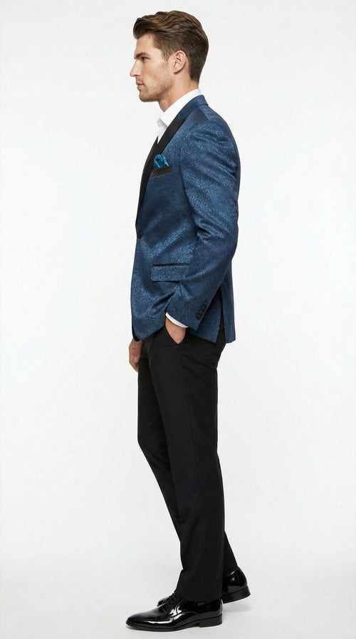 Mens Teal Blue Jacquard Paisley Blazer β Black Peak Lapel Formal Dinner Jacket Slim Fit