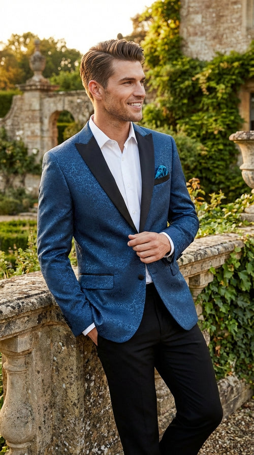 Mens Teal Blue Jacquard Paisley Blazer β Black Peak Lapel Formal Dinner Jacket Slim Fit