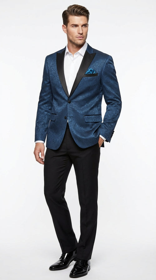 Mens Teal Blue Jacquard Paisley Blazer β Black Peak Lapel Formal Dinner Jacket Slim Fit