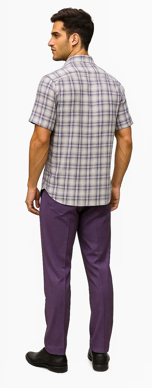 Mens Textured Plaid Walking Suit in lavender/offwhite by Dreams by Zacchi – 2 Piece Leisure Outfit with Matching Shirt and Pant-$99
