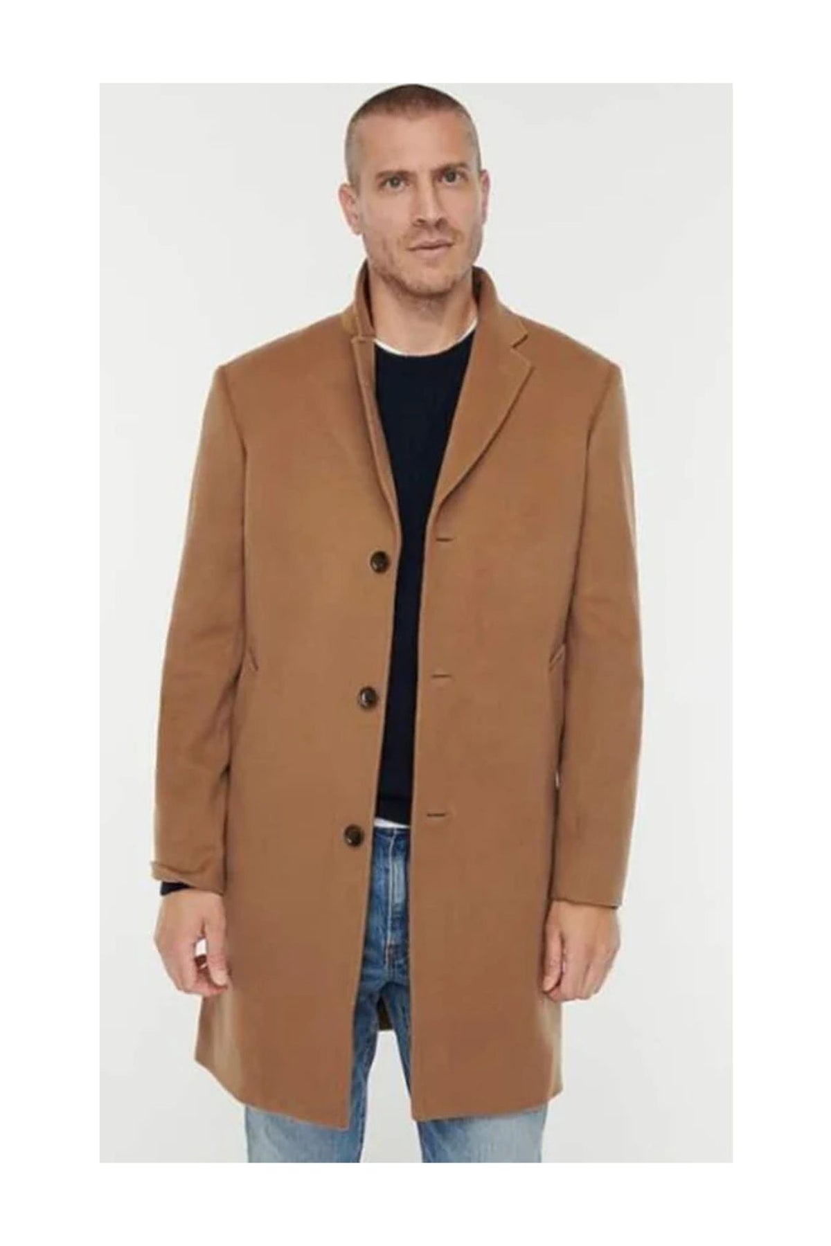 Men's Three Button Notch Lapel Wool-Cashmere Toffee Topcoat